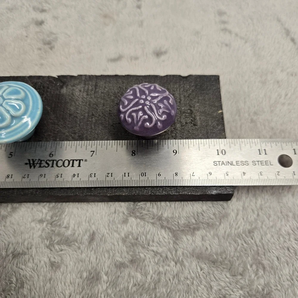 Handmade Rustic Wood Wall Rack 3 Ceramic Knobs Blue Purple Floral Boho Decor